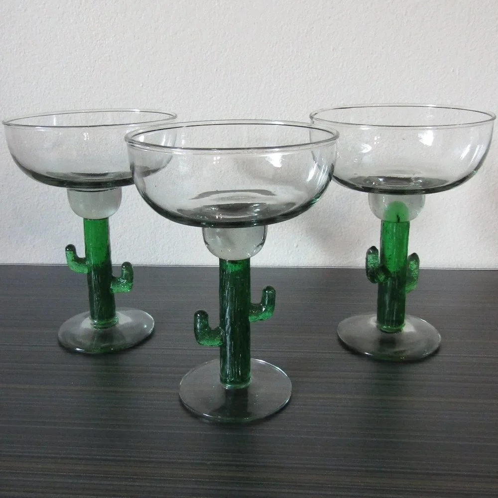 Hand Blown Cactus Margarita/Dessert Glasses Set of 3